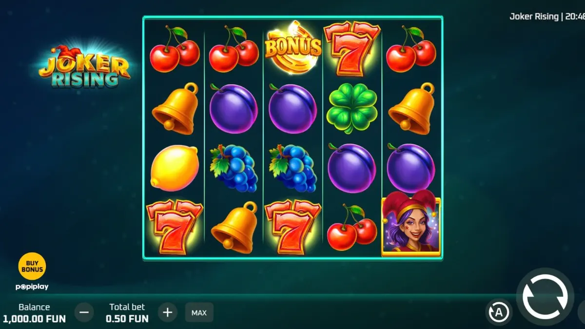 Joker Rising slot machine interface featuring neon fruit symbols and a female joker character
