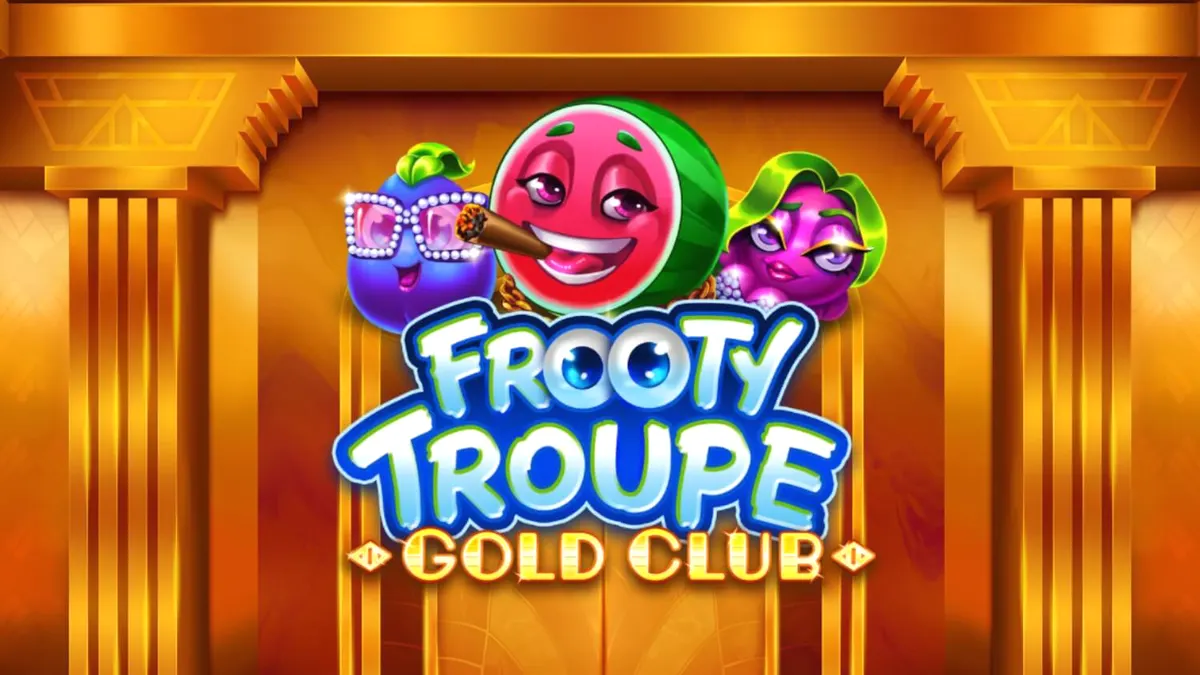 Tampilan visual mewah dari slot Frooty Troupe – Gold Club dengan simbol buah dan kartu kredit emas.
