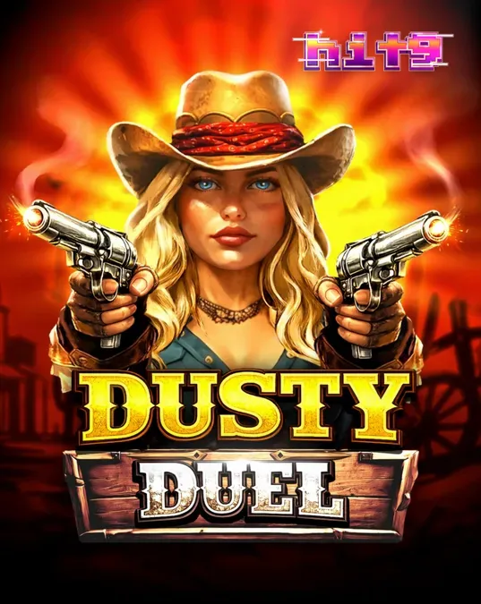Tampilan visual slot Dusty Duel dengan tema Wild West yang kental dan elemen revolver.